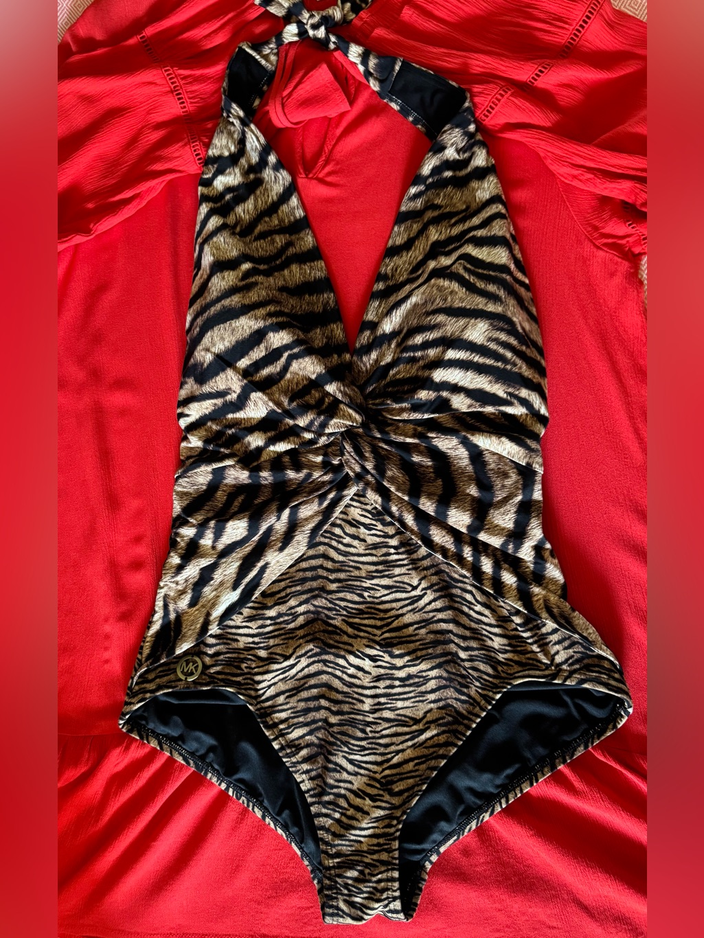 Michael Kors Size 16 Tiger-Print Halter One-Piece Swimsuit - Black/Brown